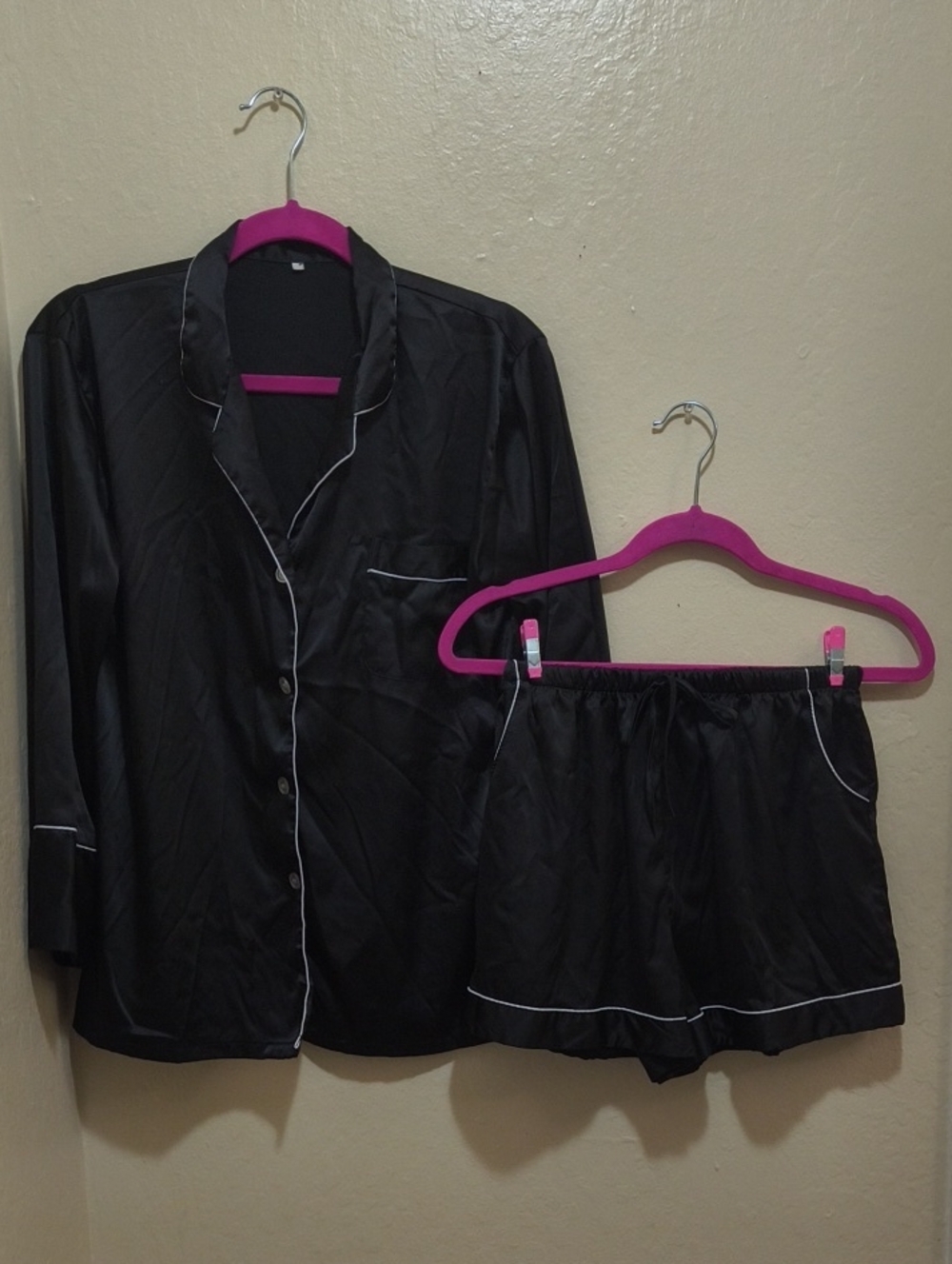 Silk-Look Black Women's Pajama Set with White Piping